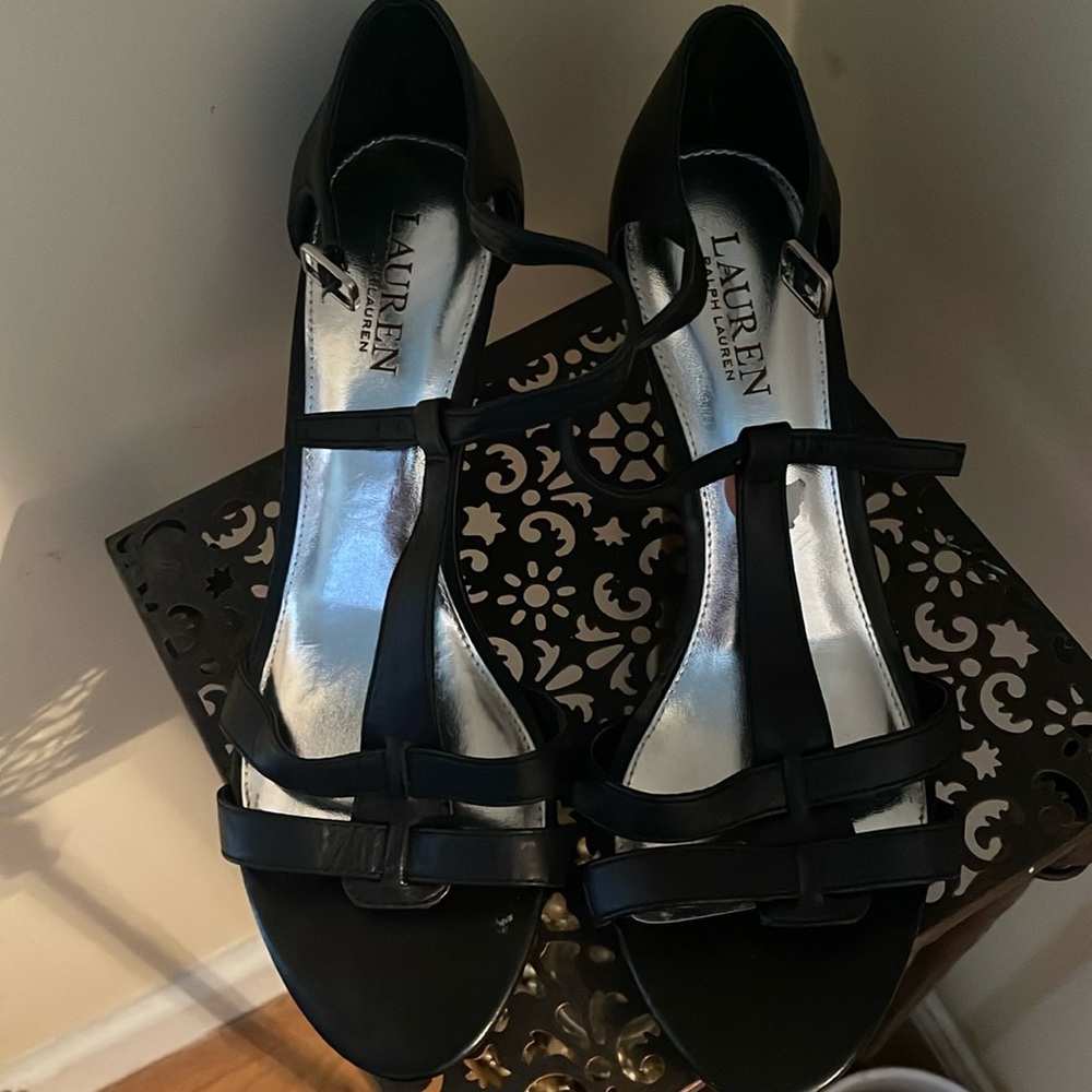 Ralph Lauren, Size 10, Black wedge sandals.